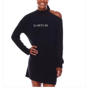 BEBE One Shoulder Ribbed Knit Crystal Logo Black Mini Dress Sz Large NWT